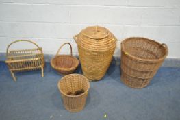 A SELECTION OF WICKER ITEMS, to include a tapered linen basket, an Alibaba linen basket, a picnic