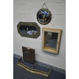 A PRESSED BRASS BEVELLED EDGE WALL MIRROR 74cm x 44cm, along with a brass circular convex wall