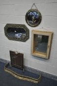 A PRESSED BRASS BEVELLED EDGE WALL MIRROR 74cm x 44cm, along with a brass circular convex wall