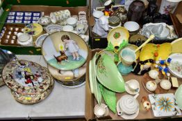 THREE BOXES AND LOOSE ASSORTED CERAMICS ETC, to include Carlton Ware and Falcon Ware leaf plates,