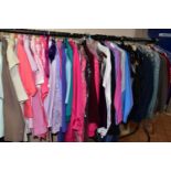 A QUANTITY OF LADIES' AND MEN'S CLOTHING, approximately ninety items, including ladies' jackets,