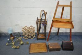 A SELECTION OF OCCASIONAL FURNITURE, to include an oak barley twist umbrella stand, with four