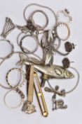 A SELECTION OF SILVER, YELLOW AND WHITE METAL JEWELLERY AND COMPONENTS, to include two cubic