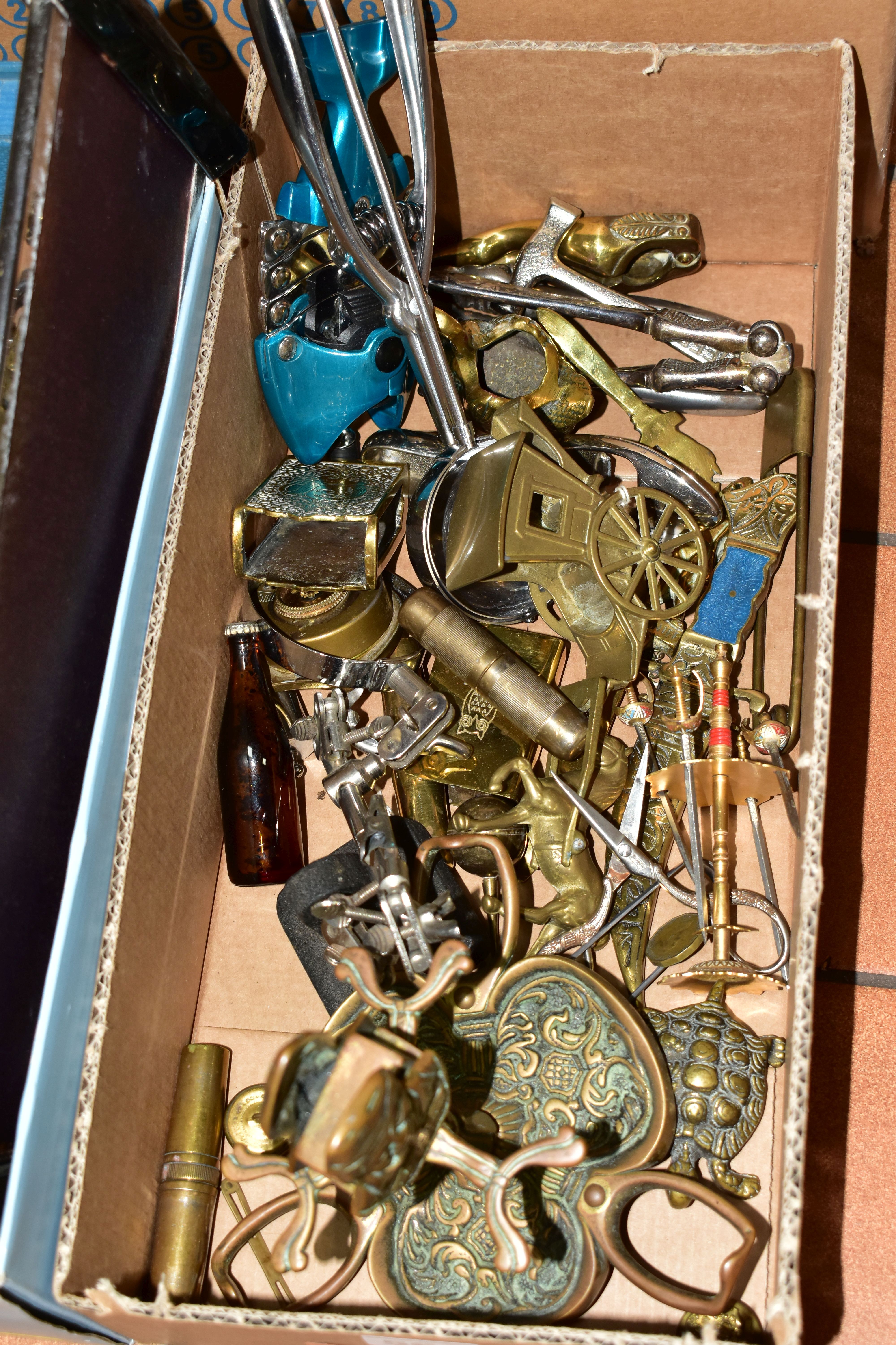 BRASS, METALWARE & WOOD, five boxes containing a mixed collection of brassware (picture frames, - Image 2 of 6