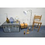A SELECTION OF OCCASIONAL FURNITURE, to include an Overpond galvanized trunk, width 92cm x depth