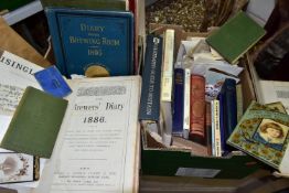 TWO BOXES OF BOOKS AND EPHEMERA, to include six Victorian and Edwardian diaries filled with