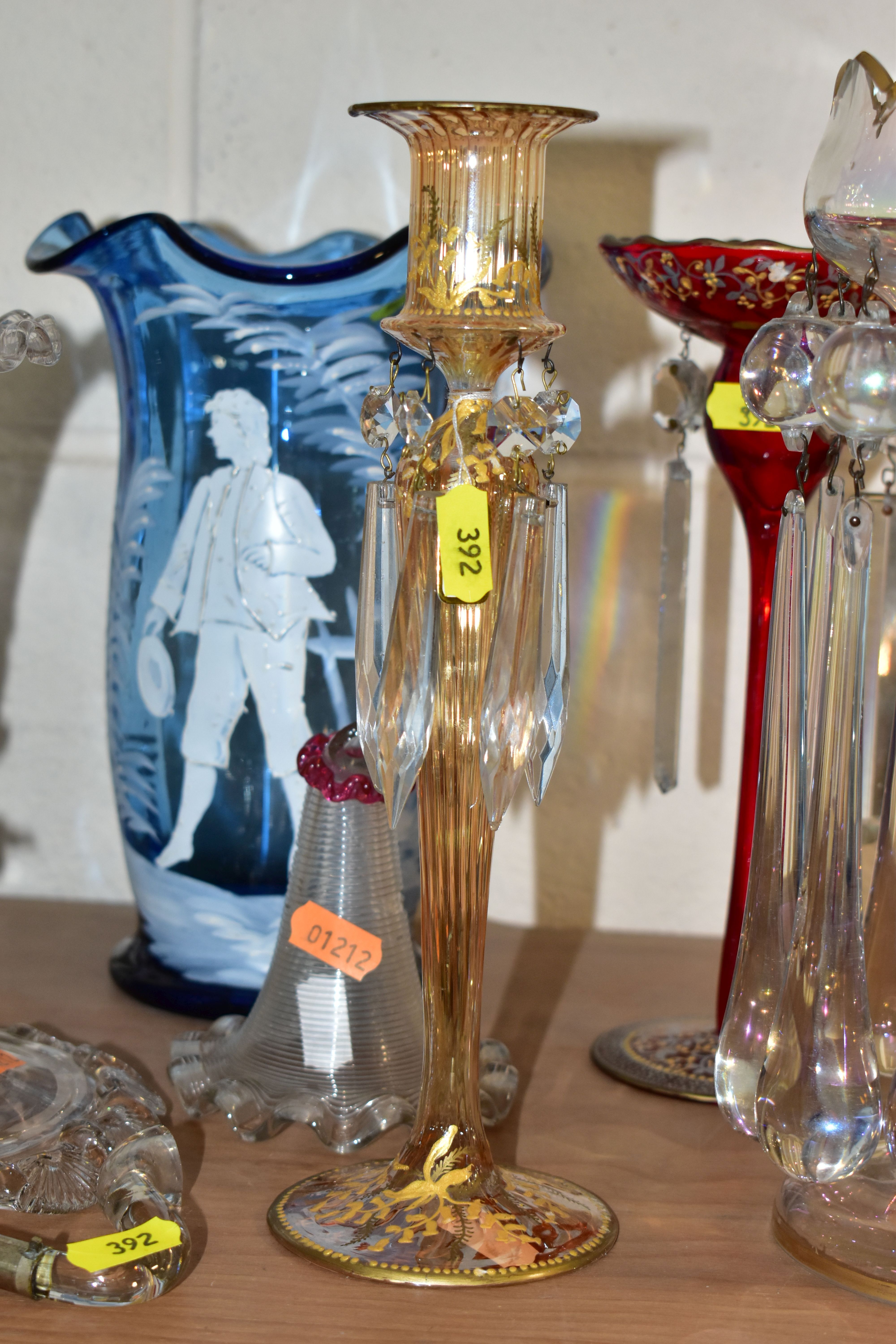 A PAIR OF IRIDESCENT LUSTRES AND OTHER LATE 19TH AND 20TH CENTURY GLASSWARE, including a Mary - Image 3 of 8