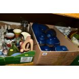 THREE BOXES OF CERAMICS, DINNERWARE AND TEA SETS, to include two glass decanters, five pieces of