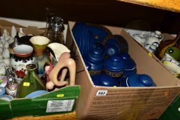 THREE BOXES OF CERAMICS, DINNERWARE AND TEA SETS, to include two glass decanters, five pieces of