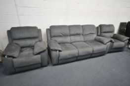 A GRAPPHITE GREY ELECTRIC RECLINING LOUNGE SUITE, comprising a three seater settee, with reclining