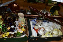 FOUR BOXES AND LOOSE CERAMICS, KITCHENALIA, METALWARES AND SUNDRY ITEMS, to include a ten piece