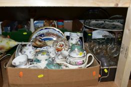 FOUR BOXES OF ASSORTED CERAMICS AND GLASSWARE INCLUDING SPODE, WEDGWOOD AND ROYAL ALBERT, a Mason'