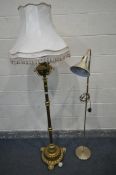 A LATE 19TH CENTURY IMPROVED LAMPE BELGE BRASS STANDARD LAMP, the top converted from an oil lamp,