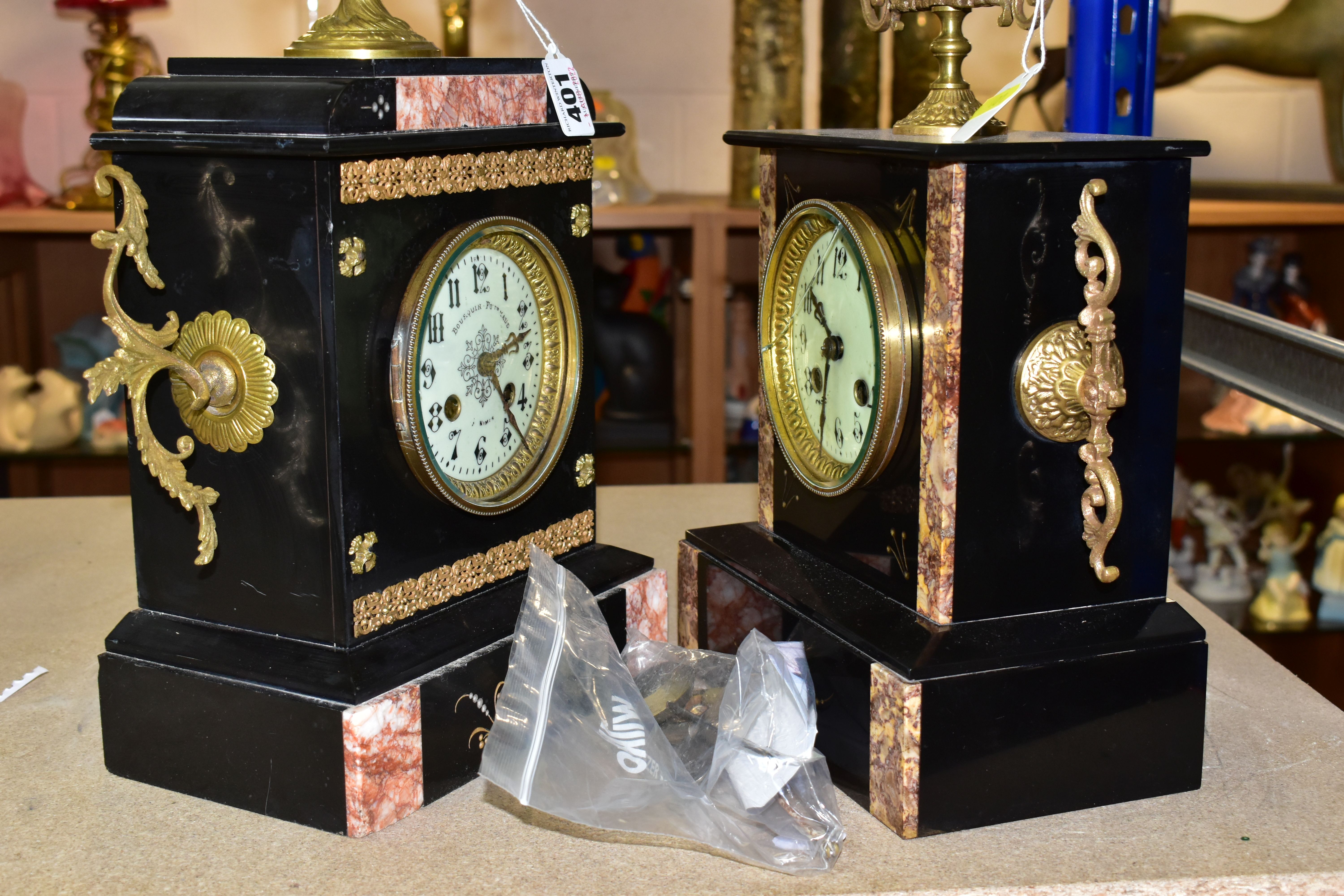 TWO LATE 19TH CENTURY BLACK SLATE MANTEL CLOCKS, both with enamel dials, Arabic numerals, 8 day - Image 7 of 7