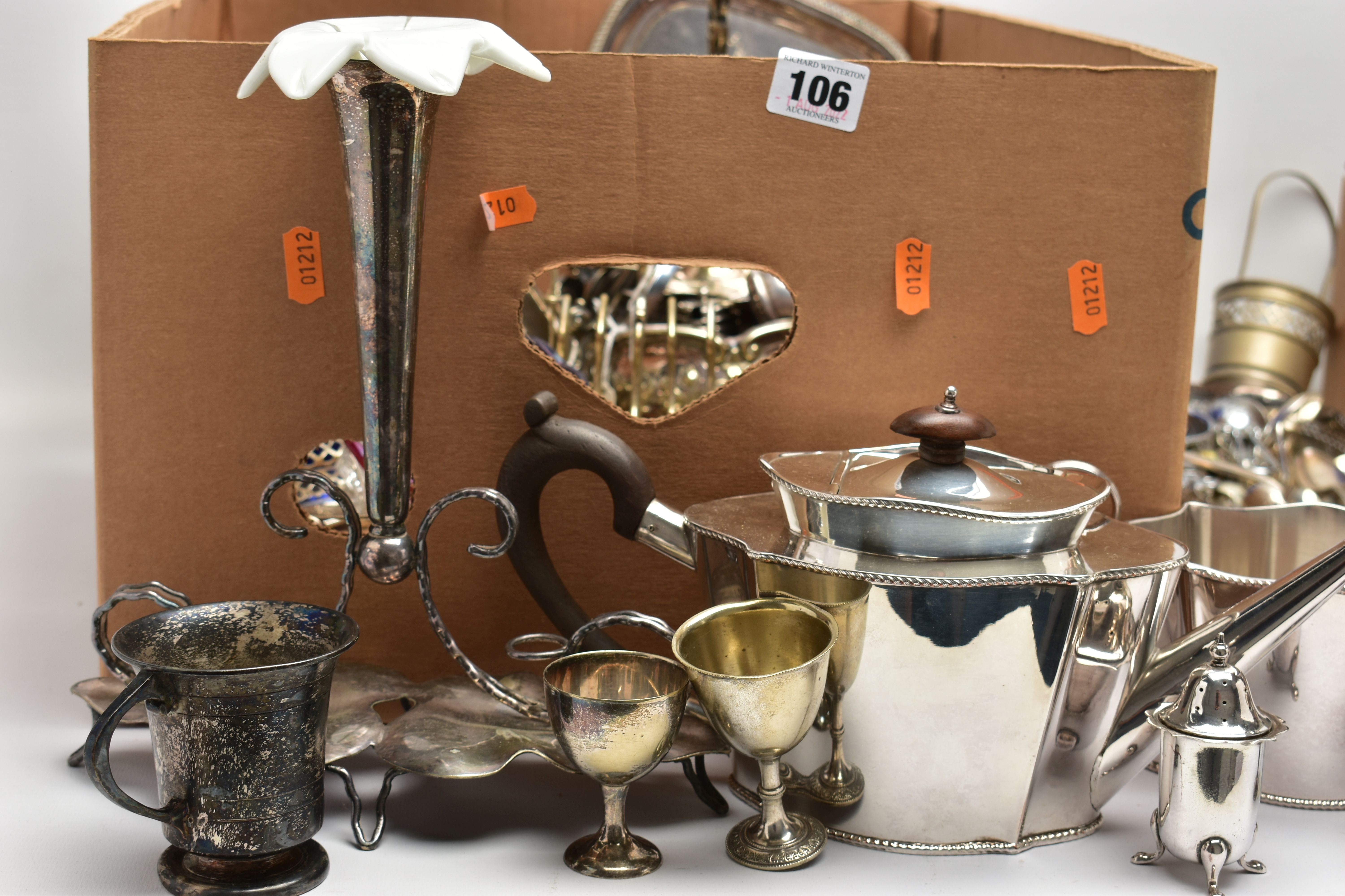 A BOX OF SILVER PLATED AND WHITE METAL WARE, to include a middle eastern style white metal tea - Image 2 of 12