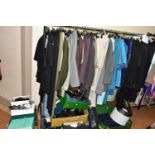 SIX BOXES AND LOOSE CLOTHING, SHOES, HATS, LUGGAGE AND ACCESSORIES, mainly ladies' items,