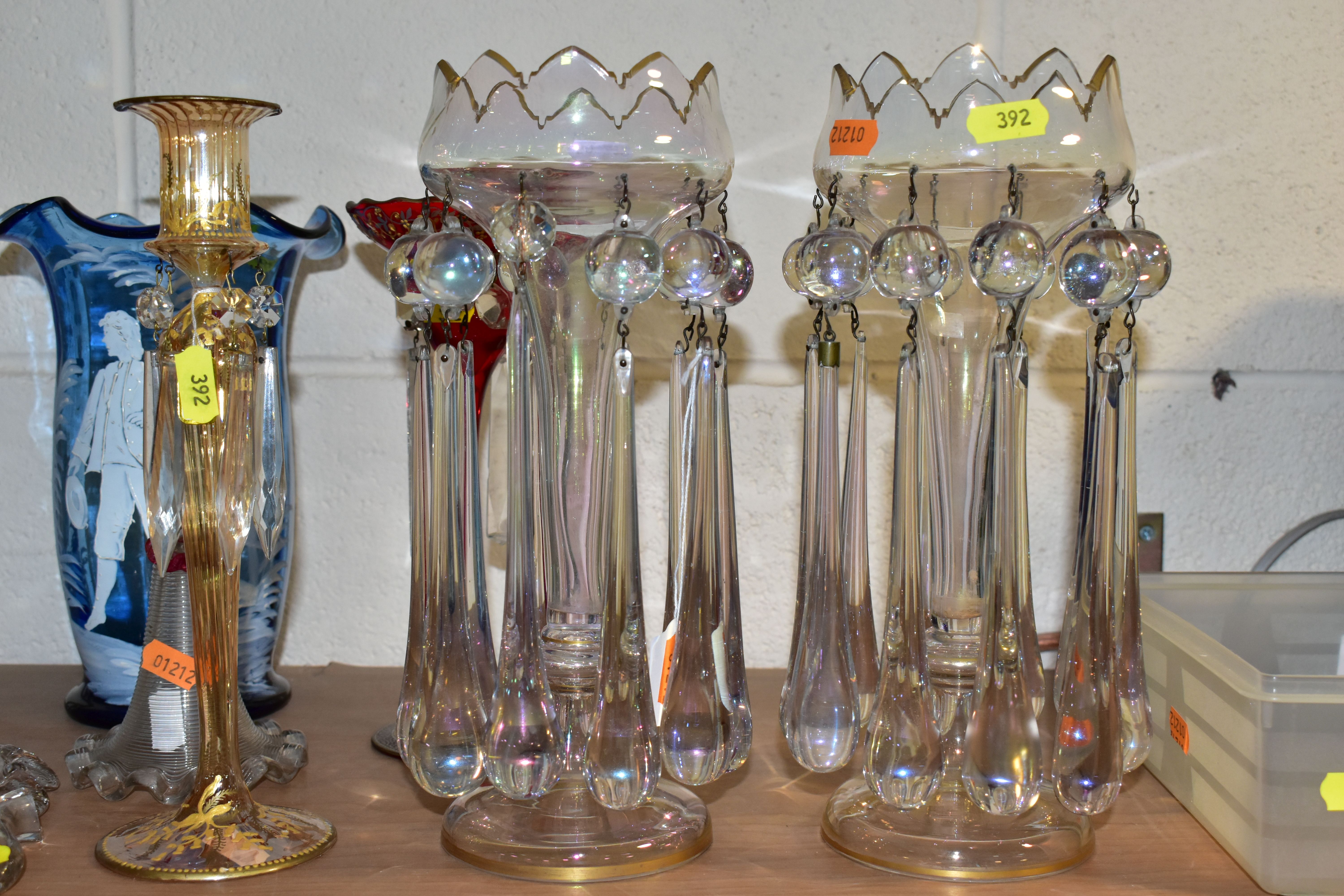 A PAIR OF IRIDESCENT LUSTRES AND OTHER LATE 19TH AND 20TH CENTURY GLASSWARE, including a Mary - Image 2 of 8