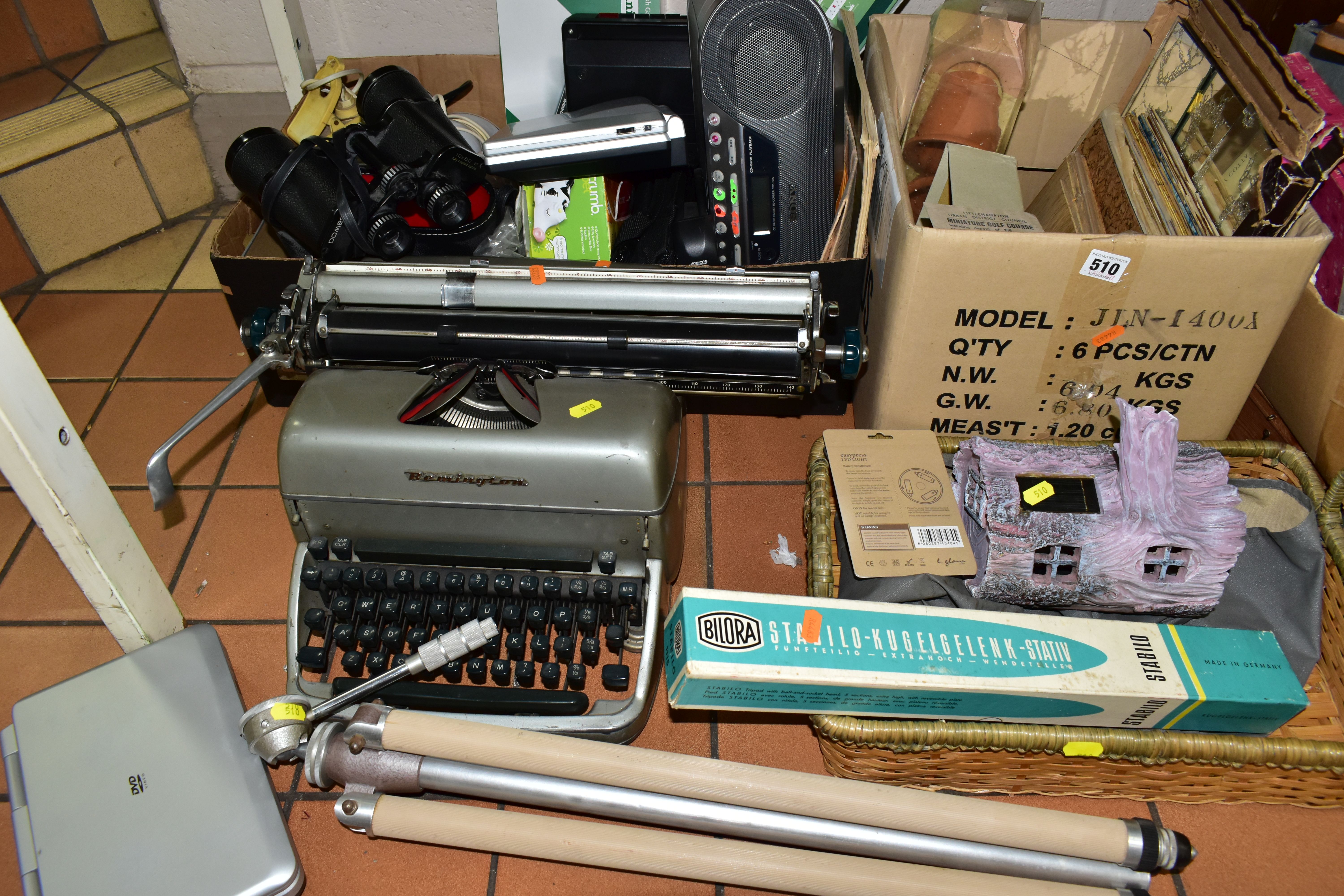TWO BOXES AND LOOSE TYPEWRITER, ELECTRICAL AND SUNDRY ITEMS, to include a Remington typewriter, a
