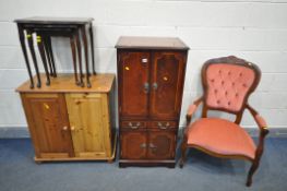 A PINE TWO DOOR CABINET, along with a mahogany media cabinet, nest of three tables and an open