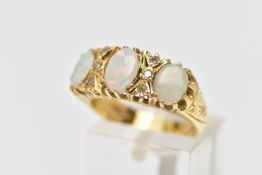 AN OPAL AND DIAMOND RING, set with three oval opal cabochons, interspaced by six single cut