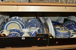 THREE BOXES OF BLUE AND WHITE DINNER WARE, to include Washington 'Old Willow', Burleigh 'Calico',