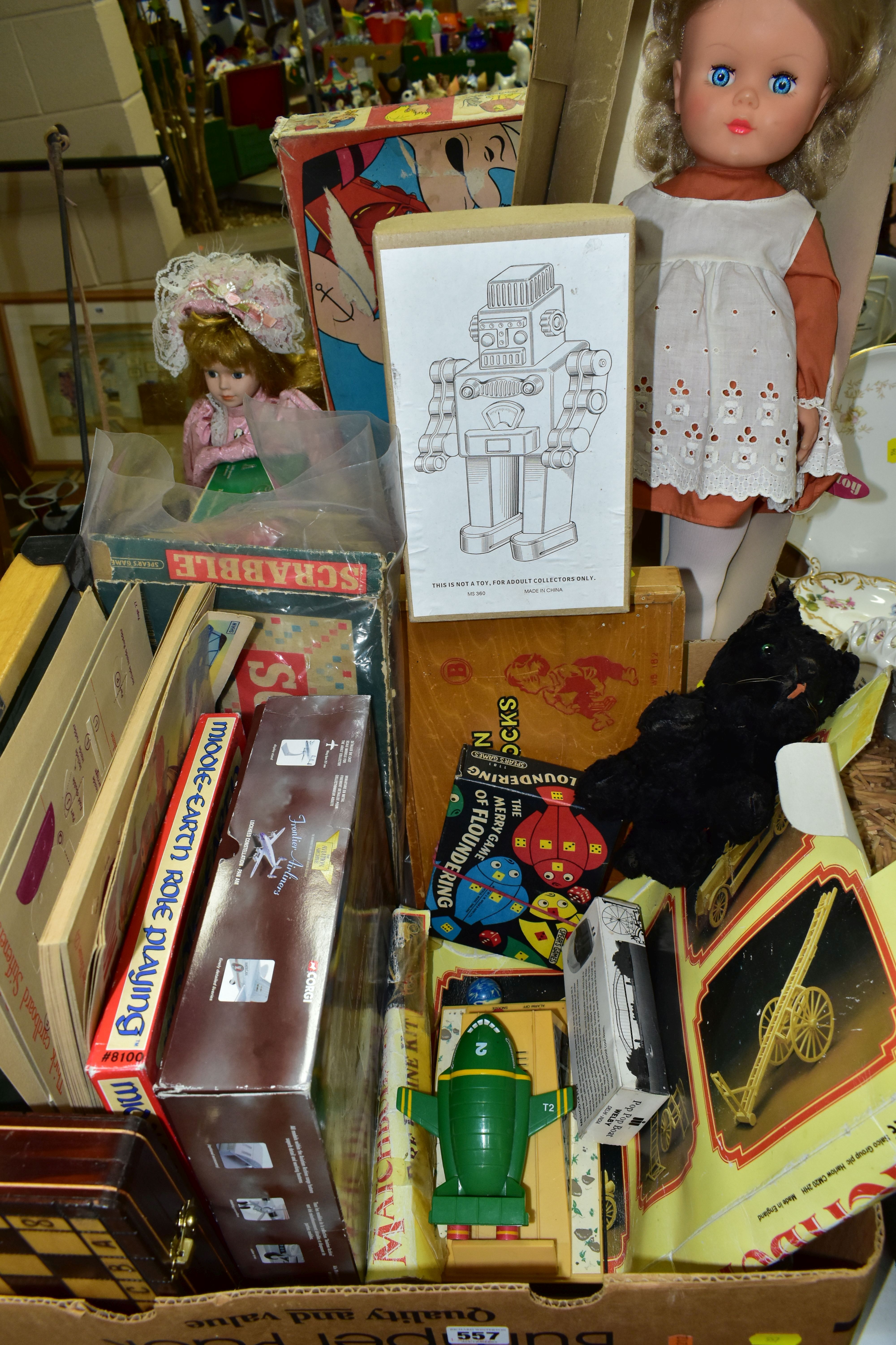 A QUANTITY OF ASSORTED TOYS, GAMES AND DOLLS ETC., to include Palitoy walking and talking doll (