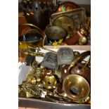 TWO BOXES OF BRASS AND COPPER AND LOOSE ITEMS, to include a small brass coal bucket, rectangle