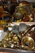 TWO BOXES OF BRASS AND COPPER AND LOOSE ITEMS, to include a small brass coal bucket, rectangle