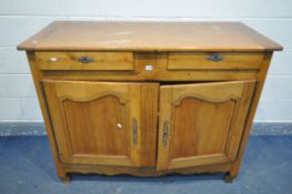 A FRENCH CHERRYWOOD SIDEBOARD, with two drawers over double cupboard doors, width 136cm x depth 60cm