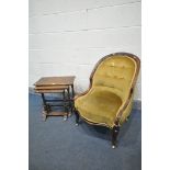 A VICTORIAN WALNUT SLIPPER CHAIR (condition:-historical cracks to joins) along with a reproduction