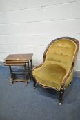 A VICTORIAN WALNUT SLIPPER CHAIR (condition:-historical cracks to joins) along with a reproduction