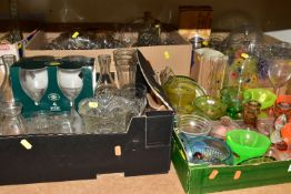 FIVE BOXES OF MIXED GLASSWARE, to include four coloured Uranium glass sundae dishes, a collection of