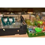 FIVE BOXES OF MIXED GLASSWARE, to include four coloured Uranium glass sundae dishes, a collection of