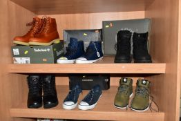 A GROUP OF MEN'S BOOTS, to include Timberland, Converse and Karrimor walking boots, black, a pair of