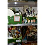 FOUR BOXES AND LOOSE CERAMICS AND SUNDRY ITEMS, to include a small collection of decorative eggs