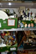 FOUR BOXES AND LOOSE CERAMICS AND SUNDRY ITEMS, to include a small collection of decorative eggs