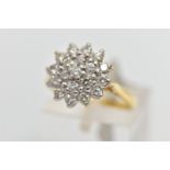 A MODERN 18CT GOLD DIAMOND CLUSTER RING, set with a total of nineteen round brilliant-cut