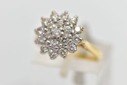 A MODERN 18CT GOLD DIAMOND CLUSTER RING, set with a total of nineteen round brilliant-cut
