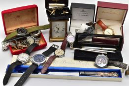 A BOX OF AF WRISTWATCHES, A CARRIAGE CLOCK AND OTHER ITEMS, to include various AF wristwatches, a '