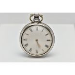 A SILVER OPEN FACE POCKET WATCH AND CASE, white dial, Roman numerals, gold tone hands, polished