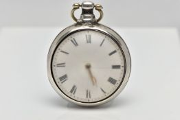 A SILVER OPEN FACE POCKET WATCH AND CASE, white dial, Roman numerals, gold tone hands, polished