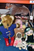 TWO BOXES OF SOFT TOYS, to include a 1950s soft body doll, a collection of Lledo 'Days Gone' die