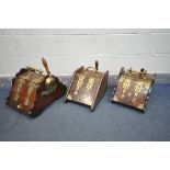 THREE 19TH CENTURY MAHOGANY AND BRASS COAL SCUTTLES, all with shovels (condition:-all good