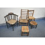 A SELECTION OF CHAIRS AND STOOLS, to include an Edwardian mahogany corner chair, a ladderback