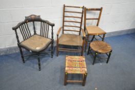 A SELECTION OF CHAIRS AND STOOLS, to include an Edwardian mahogany corner chair, a ladderback