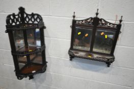 A 20TH CENTURY MAHOGANY HANGING CORNER WALL SHELF, with fretwork detail, and a similar wall shelf/