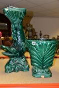 A GREEN GLAZED EARTHENWARE JARDINIERE, in the form of a large fish in a dark green glaze backstamp