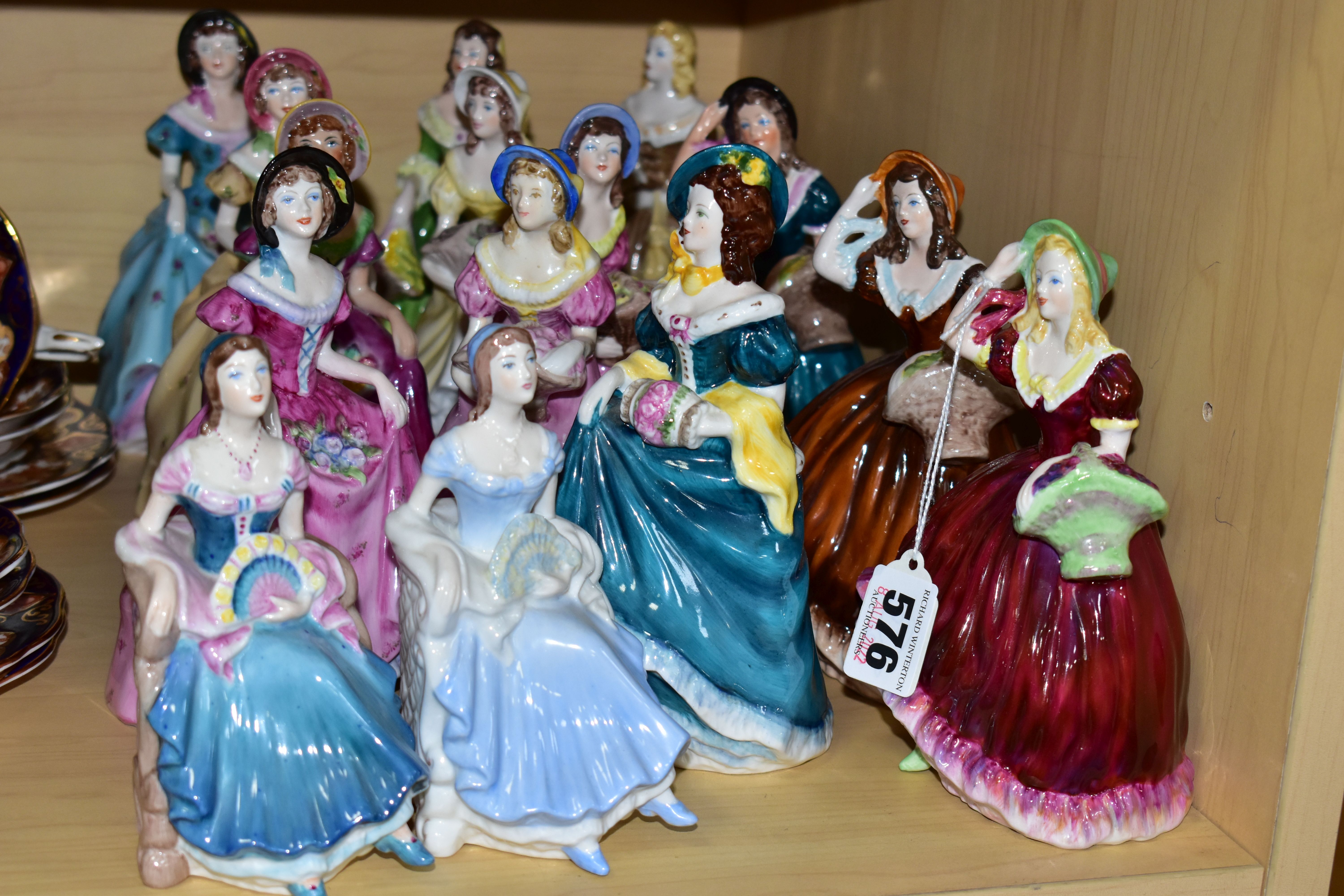 FIFTEEN SMALL COALPORT FIGURINES, comprising two Barbara figurines, one in a pale blue dress (