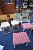 A SELECTION OF CHAIRS AND STOOLS, to include a pair of oak high stools, two white painted and