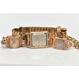 THREE WRISTWATCHES, the first a ladies wristwatch with a gold plated square case, unmarked gold